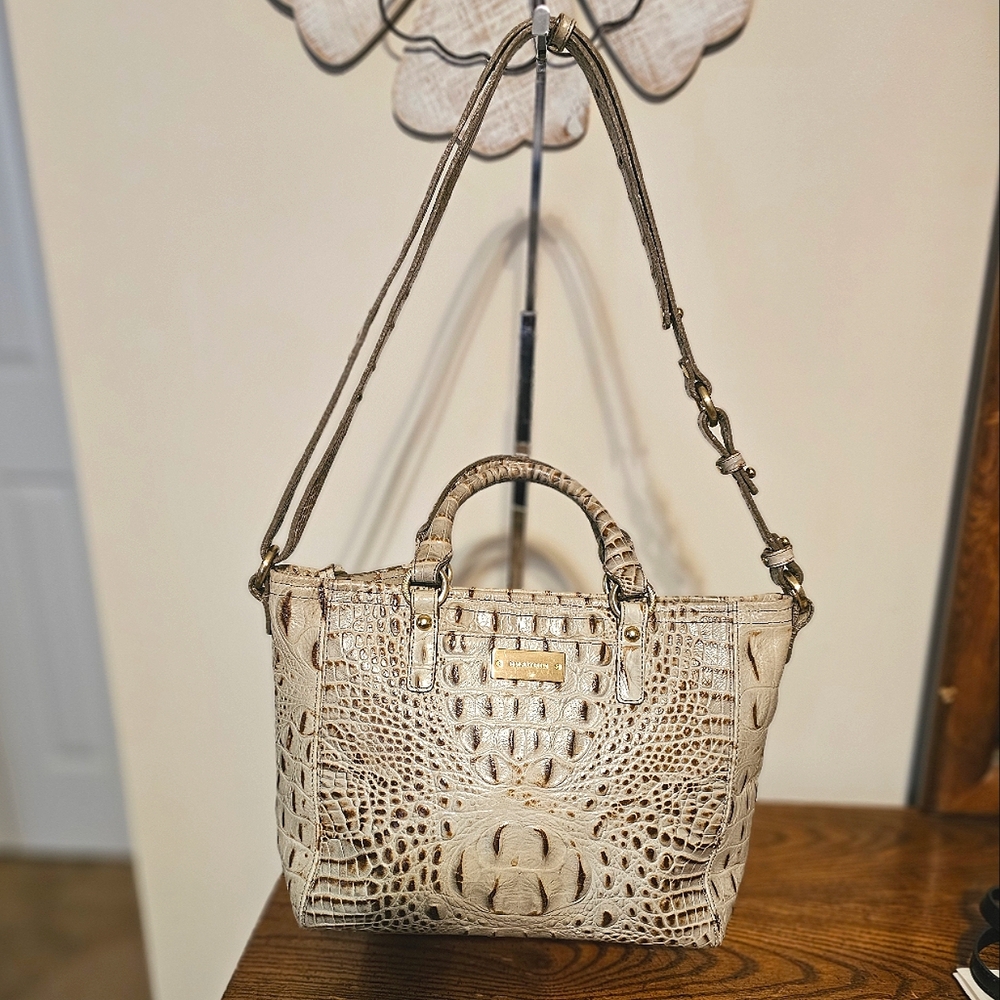 Brahmin Linen Melbourne Satchel Croc Embossed Leather Top Handle Crossbody Bag